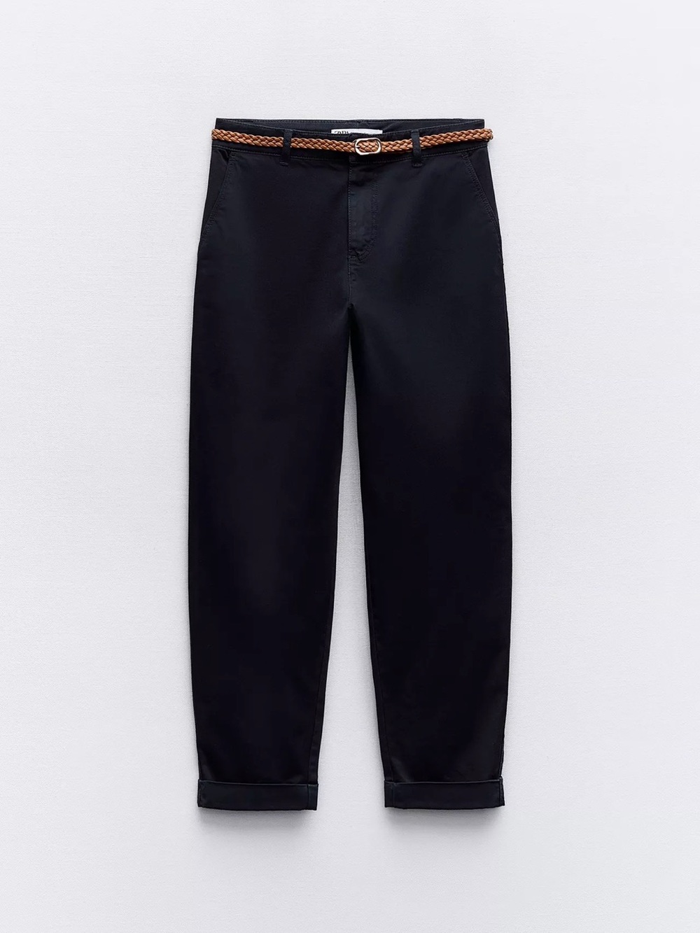 Zara Navy Chino Pants with Brown Braided Belt